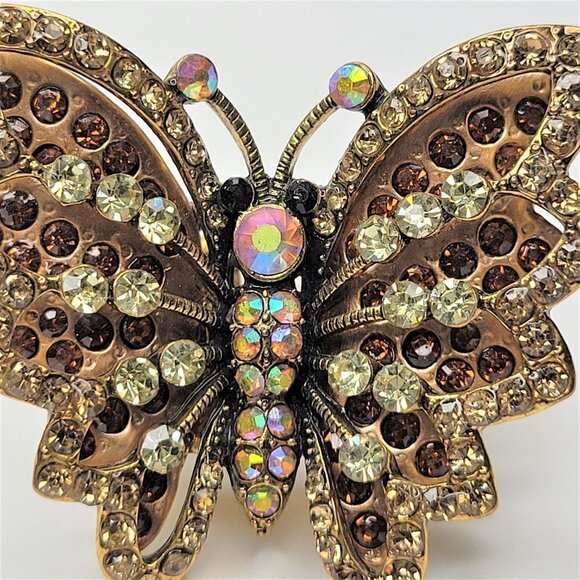 VINTAGE Gold Rhinestone Butterfly Stretch Ring - Picture 4 of 14